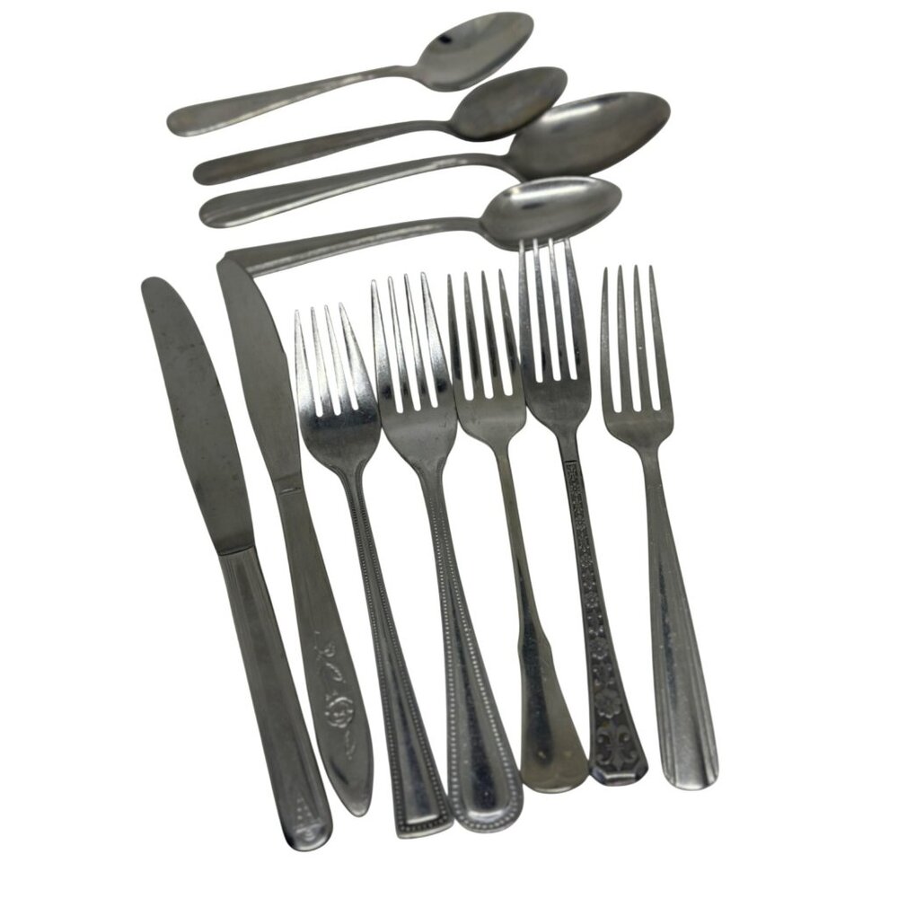 VTG Eclectic 11-Pcs Silver-Toned Flatware Set Mismatched Cutlery‎ Assortment MCM